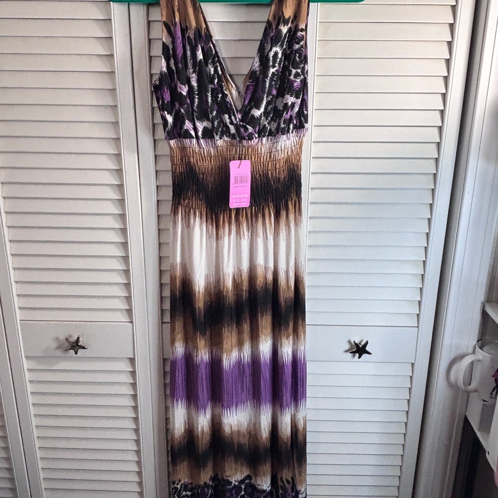 ACE Fashion Purple & Brown Maxi Dress deep V Very Sexy Form Fitting size L